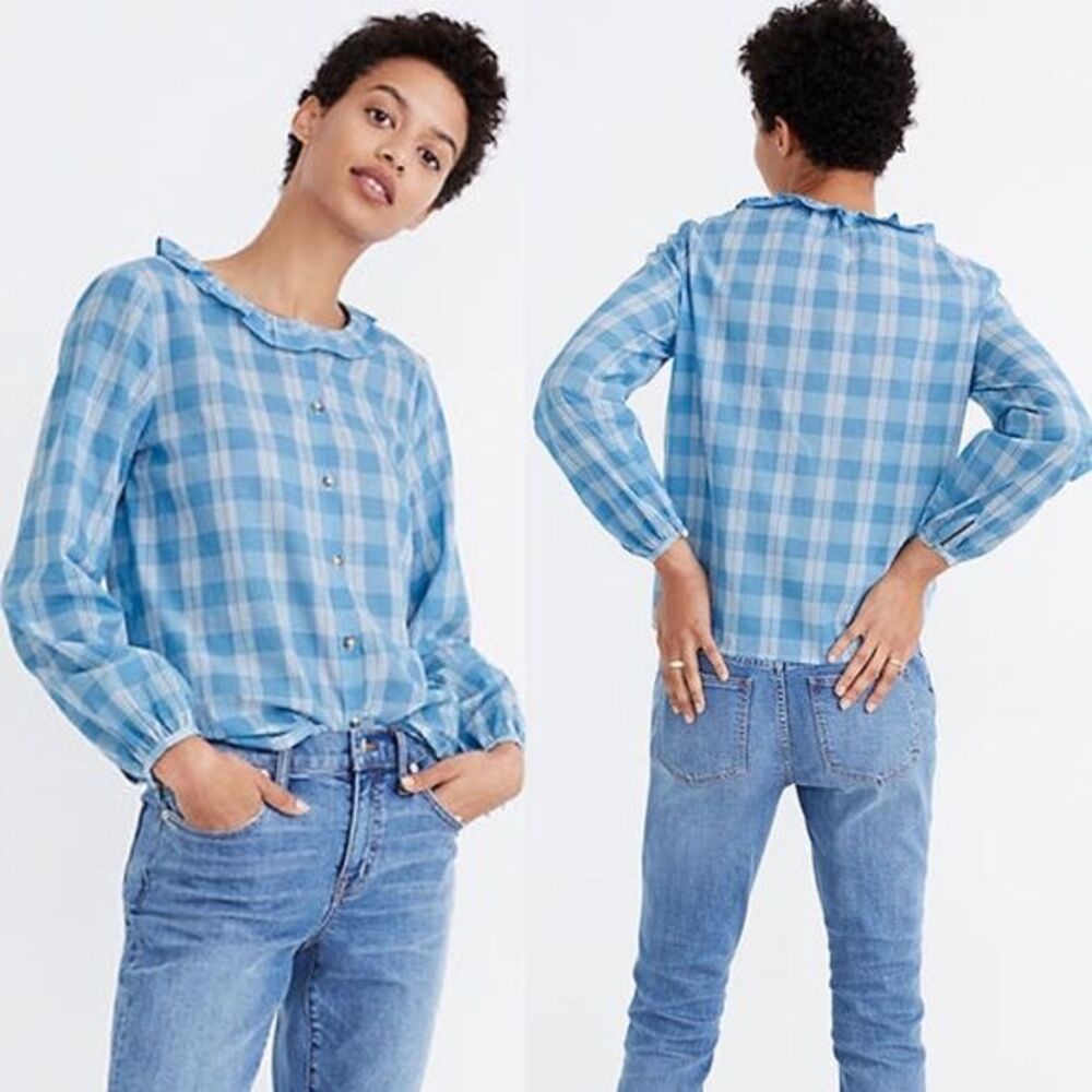 Madewell Ruffle Neck Top Colwell Plaid‎ Medium Blue & White